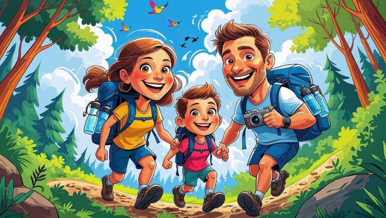 ai generated, family, happiness, contentment, safety, father, mother, children, hiking, nature, adventure, outdoors, forest, backpacks, smiling, journey, exploration, sunlight, trees, togetherness, path